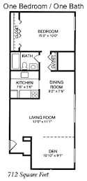 A floor plan of a one bedroom/one bath apartment.