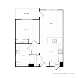A floor plan of a one bedroom apartment with a balcony.