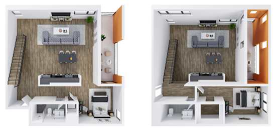 A floor plan of a small apartment with two bedrooms and a living area.