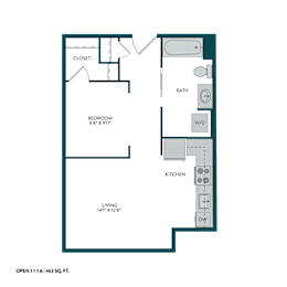 A floor plan of a small apartment with a bedroom, bathroom, kitchen, and living room.