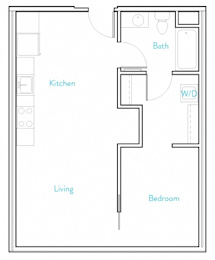 A floor plan of a small apartment with a kitchen, living room, and bedroom.