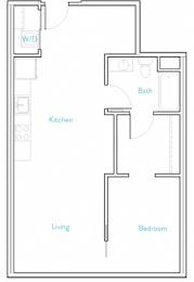A floor plan of a room with a living area, kitchen, bathroom and bedroom.