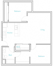 A floor plan of a house with a kitchen, living room, bedroom, bathroom, and workshop.