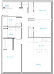 A floor plan of a house with a kitchen, living room, and three bedrooms.