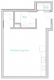 A floor plan of a room with a kitchen/living area and a bath.