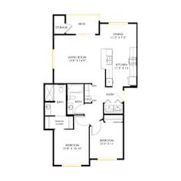 A floor plan of a house with a living room, dining room, kitchen, two bathrooms, a bedroom, and a deck.
