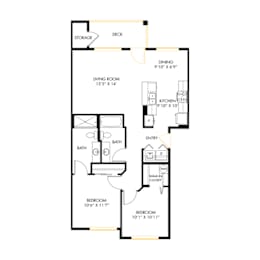 A floor plan of a house with a deck and a dining area.