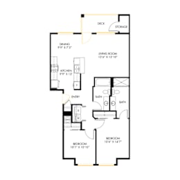 A floor plan of a house with a living room, dining room, kitchen, two bathrooms, and two bedrooms.