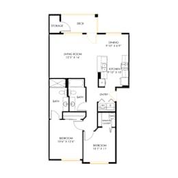 A floor plan of a house with a deck and a dining area.