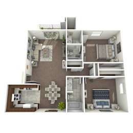 A 3D image of a house layout with a kitchen, living room, and bedrooms.