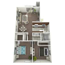 A 3D floor plan of a house with a kitchen, living room, dining room, and bathroom.