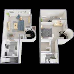 Two images of a dollhouse interior.