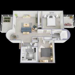 A 3D floor plan of a house with a kitchen, living room, and bedrooms.