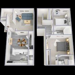 Two images of a dollhouse interior.