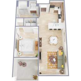 A top-down view of a house layout with a kitchen, living room, and dining area.