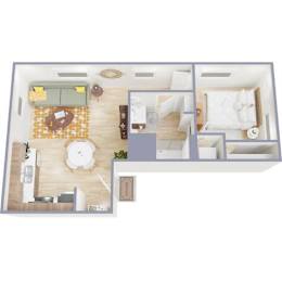A 3D floor plan of a small apartment with a kitchen, living room, and bedroom.