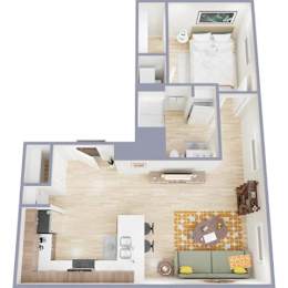 A floor plan of a small apartment with a bedroom, living room, and kitchen.