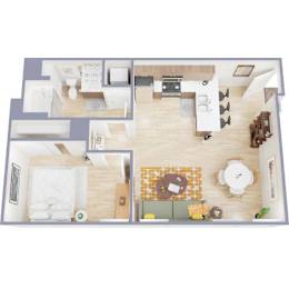 A top-down view of a well-organized kitchen and living room.