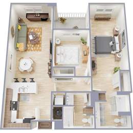 A top-down view of a two-bedroom apartment with a living room, kitchen, and bathroom.