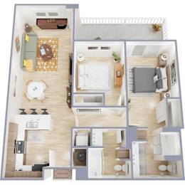 A top-down view of a small apartment with a bedroom, living room, kitchen, and bathroom.