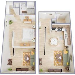 Two images of a dollhouse living room and kitchen.