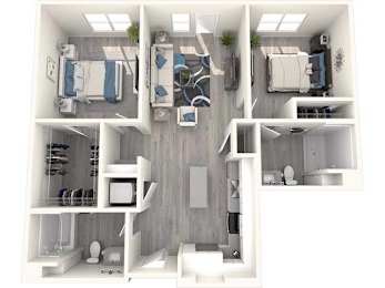 A top-down view of a small, modern apartment with a kitchen, living room, and bathroom.