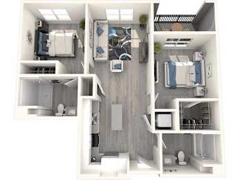 A top-down view of a small, modern apartment with a kitchen, living room, and bedroom.