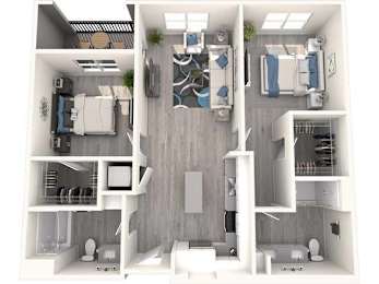 A modern, white-walled apartment with a kitchen, living room, and bathroom.