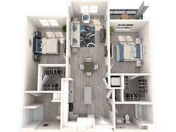 A 3D floor plan of a small apartment with a kitchen, living room, and bathroom.
