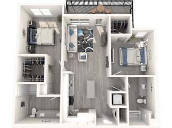 A 3D floor plan of a small apartment with a kitchen, living room, and bathroom.