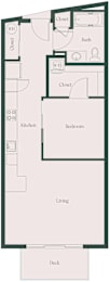 A floor plan of a house with a kitchen, living room, and bedrooms.
