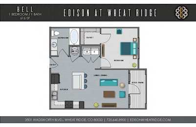 A floor plan of a one bedroom apartment at Edison at Wheat Ridge.