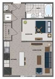 A floor plan of a small apartment with a living room, kitchen, bathroom, and bedroom.