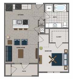 A floor plan of a house with a kitchen, living room, bedroom, bathroom, and closet.