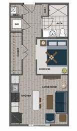 A floor plan of a small apartment with a bedroom, living room, kitchen, and bathroom.
