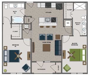 A floor plan of a house with two bedrooms, a kitchen, a bathroom, and a master bath.