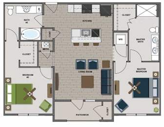 A floor plan of a house with a living room, kitchen, and two bedrooms.