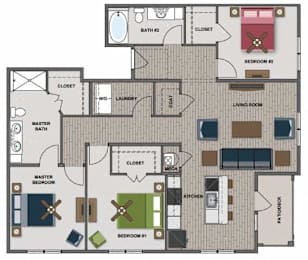 A floor plan of a house with two bedrooms, a living room, a kitchen, a bathroom, and a laundry area.