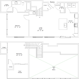 A floor plan of a house with a bedroom, living room, kitchen, and a cloakroom.