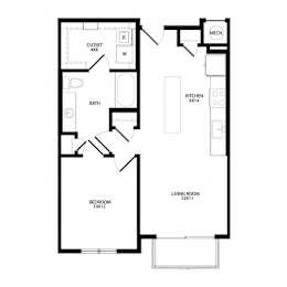 A floor plan of a house with a bedroom, living room, kitchen, bath, and closet.