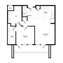 A black and white floor plan of a house with a kitchen, living room, and bedrooms.