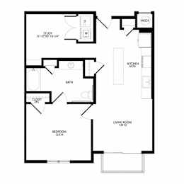 A floor plan of a house with a study, kitchen, living room, bedroom, bath, and closet.