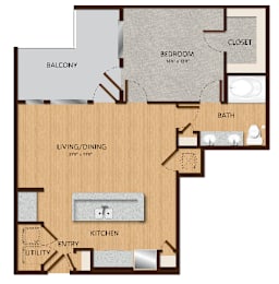 A floor plan of a home with a living/dining area, kitchen, bath, bedroom, closet, and balcony.