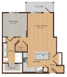 A floor plan of a small apartment with a bedroom, living/dining area, kitchen, bathroom, and utility closet.