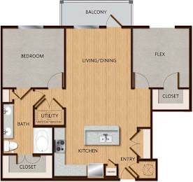 A floor plan of an apartment with a bedroom, living/dining area, kitchen, pantry, and bathroom.