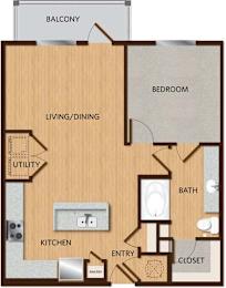 A floor plan of a home layout with a kitchen, living/dining area, bedroom, bathroom, and closet.