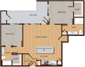 A floor plan of a house with a living room, kitchen, and two bedrooms.