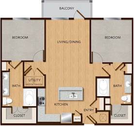 A floor plan of an apartment with a living room, two bedrooms, a kitchen, bathrooms, a utility closet, and an entry closet.