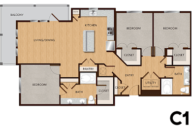 A floor plan of a house with a living room, dining room, kitchen, pantry, two bedrooms, two bathrooms, and a balcony.