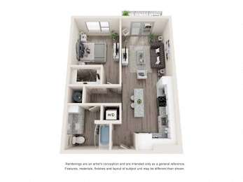 A drawing of a small apartment with a kitchen, living room, and bathroom.